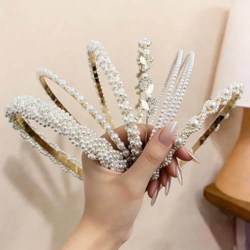 6 Pack Pearl Headbands for Women Girls, Gold Metal Hair Bands Set, Elegant Bridal Wedding Hair Accessories, Vintage Twisted Braided Hair Hoops, Non-Slip Headpiece for Birthday Gift - color: Type 17