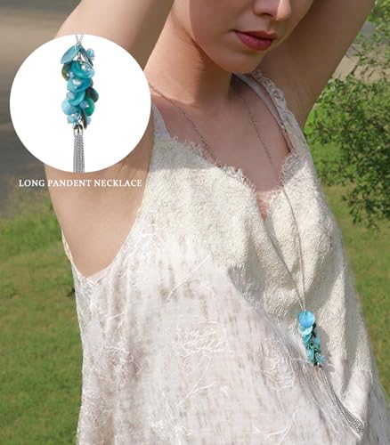 Noessla Boho Long Pendant Necklaces for Women Silver Tassel Long Necklace Sweater Chain Mothers Day Gifts Silver Costume Jewelry for Women - color: 81-Turquoise