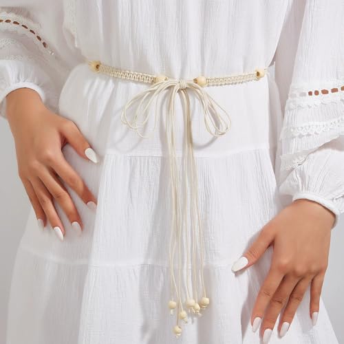 LIMHOO Women's Boho Braided Belt Adjustable Beaded Rope Waist Belts for Dresses - color: 520 White