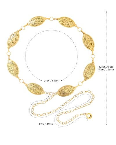 AWAYTR Chain Belt for Women – Adjustable Boho Metal Waist Chain Belt Gold Sliver for Dresses Jeans Country Concert Outfit - color: Gold-floral Oval