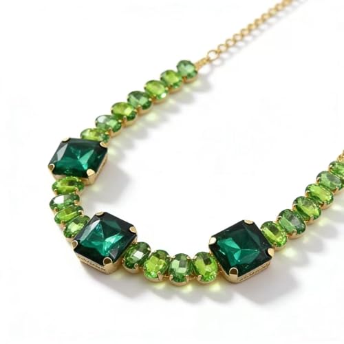 Fashionable Chunky Plated Tennis Rhinestone Statement Necklace Jewelry Set for Women Multicolor gem necklace with Great Sparkle and Shine Design for Women to Easy Match - color: emerald big rhinestone