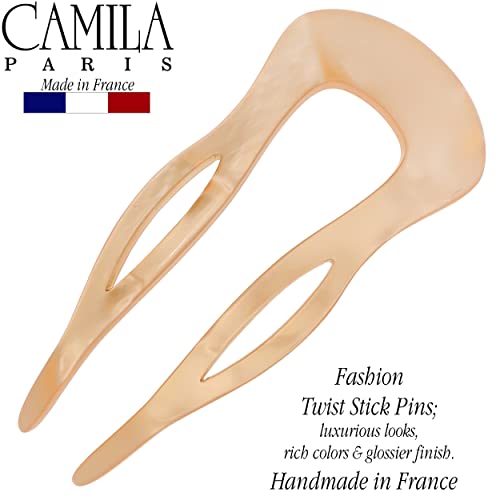 Camila Paris CP3416 French Twist Stick Clip Pins, Peach, Wavy Hair Pin U-Shaped Hair Fork for Girls Spiral Updo Chignon Bun Holder, Fashion Flexible Styling Hair Accessories for Women, Made in France - color: 2-Prong Peach