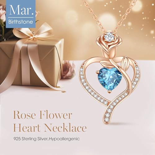 LOUISA SECRET Rose Flower Heart Birthstone Necklaces for Women, 925 Sterling Silver Jewelry, Pendant Heart Necklaces Birthday Anniversary Christmas Gift for Women Wife Mom Girlfriend Lady - color: Rose Gold-03-Mar