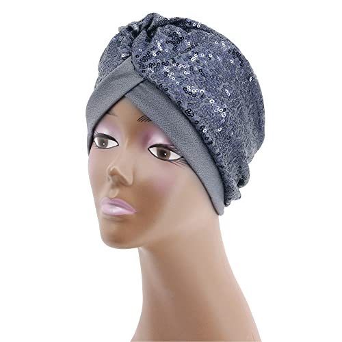 Erinaco Women Sparkle Sequin African Turban Bow Knot Pre-Tied Cap Pleated Ruffle Bonnet Beanie Hat Headwrap Skull Caps - color: Sparkle Dark Grey
