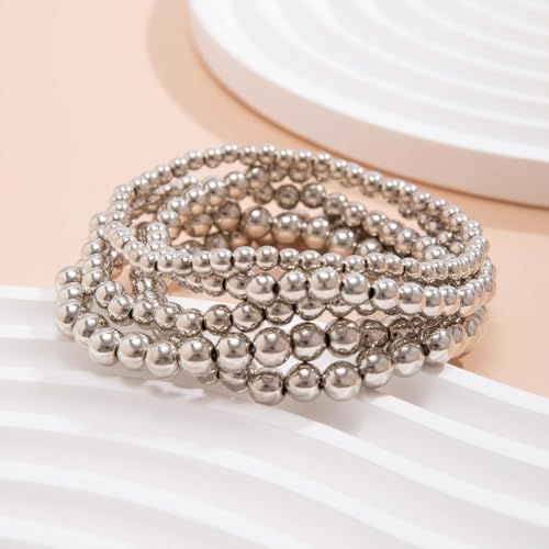 7PCS Layered Beaded Bracelets Set for Women Trendy Stretch Elastic Round Ball Beads Bangles Boho Chunky Gold Stackable Bracelets Dainty Jewelry for Gifts - color: Silver 5PCS