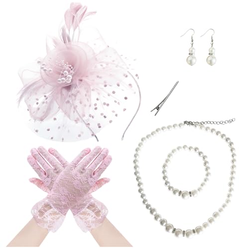 Fascinators Hat Pearl Earrings Necklace Bracelets Gloves 1920s Headband Hair Clips Women Flower Mesh Feather Headpiece Headwear Halloween Carnival Cocktail Wedding Tea Party Accessories Pink - color: Light Pink