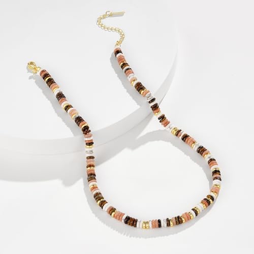 KissYan Boho Beaded Choker Necklace for Women, Gemstone Choker Natural Stone Freshwater Pearl Surfer Necklaces 14K Gold Plated Summer Beach Handmade Jewelry - color: N-Sunstone