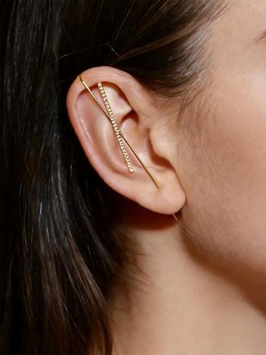 Ear Wrap Hook Earrings for Women Fashion Ear Cuff Crawler Earrings Silver Gold Long Piercing Crystal Curve Style Earring Stick Ear Wrap Earring Rhinestone Trendy Jewelry Gifts - color: slash-gold