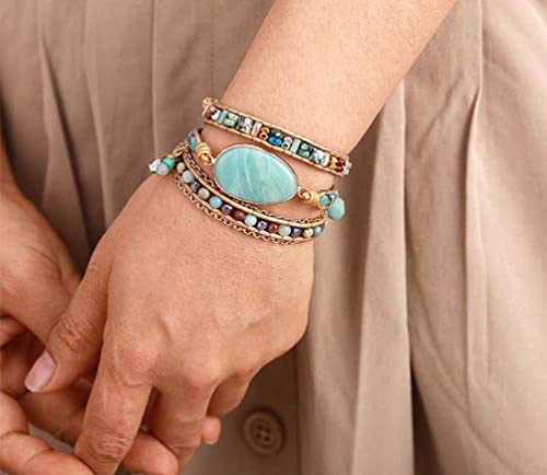 Women Wrap Bracelet Boho Natural Jasper Crystal Stone Beads Strand Bracelets - color: Amazonite