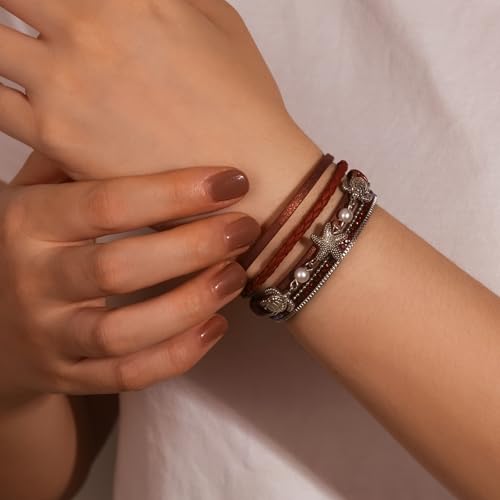 FANCY SHINY Turtle Starfish Leather Wrap Bracelet Boho Rhinestone Pearl Cuff Bracelets for Women Summer Beach Jewelry for Women - color: Burgundy