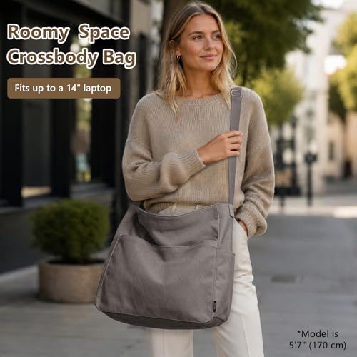 KALIDI Canvas Tote Bag Large Hobo Crossbody Shoulder Handbag Zipper Messenger Bag for Women or Men Casual College Work - color: *Grey