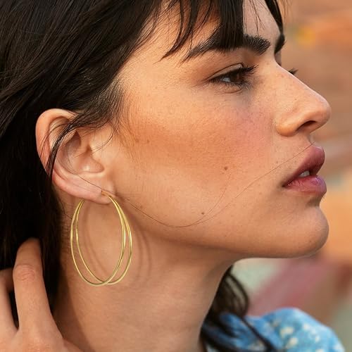 OOOPEL Large Thin Double Hoop Earrings for Women Lightweight Hypoallergenic 925 Sterling Silver Post 14K Gold Hoops Non Tarnish Sturdy Big Thin Double Layered Hoop Earrings 30/40/50/60mm - color: Gold, size: 50mm
