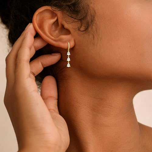 Gold Earrings for Women Trendy, Simple Dainty 14K Gold Plated Paperclip Square Chain Link Dangle Hoops Earrings Pin Stud Huggie Earrings Lightweight Hypoallergenic Minimalist Aesthetic Gold Jewelry for Christmas Gifts - color: cz hoop dangle-gold