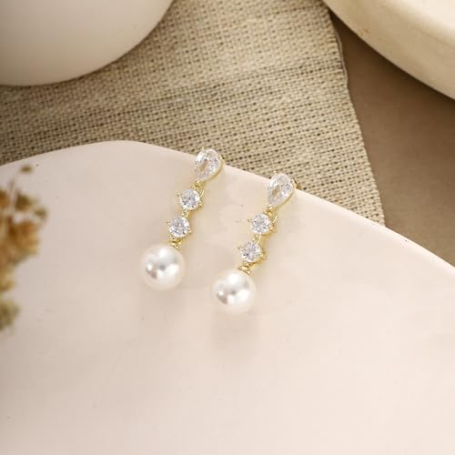 Pearl Earrings for Women Dainty Diamond Pearl Drop Earrings 14k Gold Plated Dangle Earrings for Women Weddings Gifts Bridesmaid Gifts - color: C-gold pearl earrings