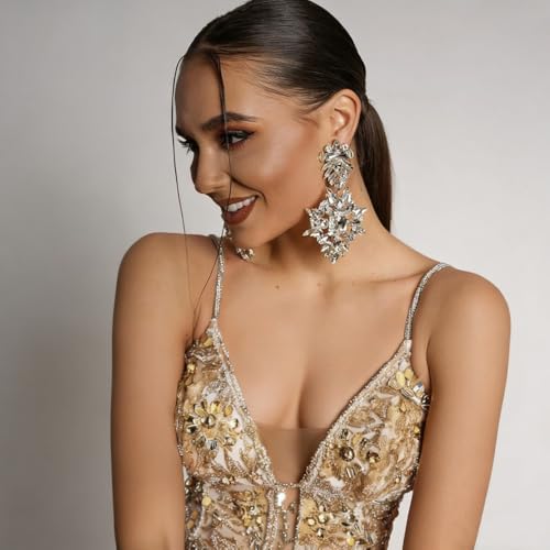 Silver Chandelier Earrings for Women Trendy, Oversized Big Crystal Rhinestone Statement Earrings Dangling Formal Pageant Earings Drag Queen Jewelry - color: SilverSmall