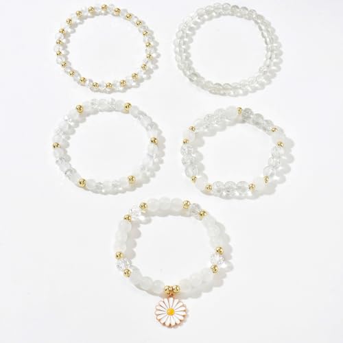 LOTSOF Boho Flower Beaded Bracelet Set for Women - Multilayer Crystal & Flower Charm Stackable Bracelets, Fashion Jewelry Gift for Her - color: White