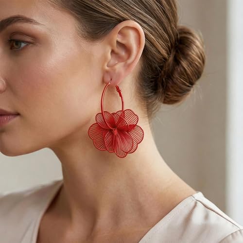 Gold Flower Statement Earrings for Women Boho Trendy Hoop Earrings Floral Dangle Petal Earring Prom Wedding Jewelry Gifts - color: A6:red
