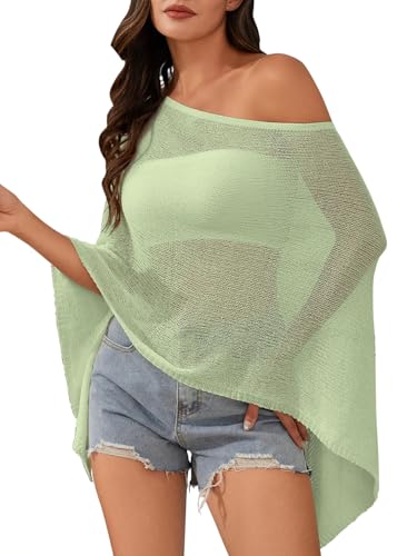 Off The Shoulder Sheer Crochet Vacation Outfits Poncho Sweater Top Summer Beach Cover Up - color: Light Green, size: X-Small