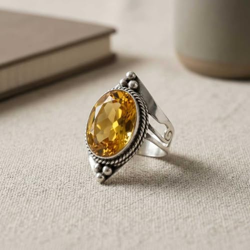 Handmade 925 Sterling Silver Plated Ring Natural Gemstone Carnelian, Rose Quartz, Tiger Eye, Crystal Oval Boho Jewelry For Women - color: Citrine Quartz