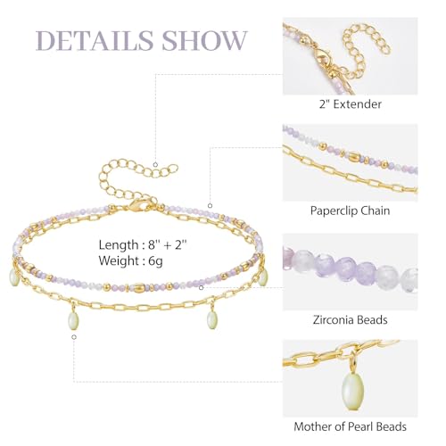 KissYan Layered Ankle Bracelets for Women, Summer Beaded Anklets Waterproof Adjustable Handmade Jewelry Gifts - color: Violet