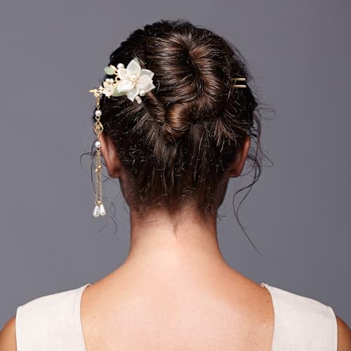 HINZIC 5PCS Camellia Flower Tassels Hairpin, Crystal Rhinestone Pearl Hair Clips Headpiece Retro Chinese Hanfu Wedding Brides Hair Accessories Korean Jewelry for Women Girls Updo Long Hair - color: Camellia