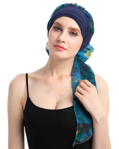 Chemo Headwear Turbans for Women Long Hair Head Scarf Headwraps Cancer Hats - color: Blue