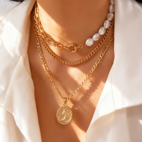 Gold Stack Necklace Chunky Necklaces for Women Trendy Coin Pendant Long Necklaces Western Jewelry for Women Cowgirl Cowboy Chic Country Outfit Boho Accessories Birthday Jewelry Gifts - color: A Layered Pearl Chain Coin Necklaces