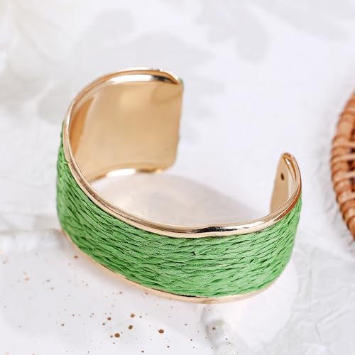 Raffia Colorful Chunky Cuff Bracelet For Women Statement Irregular Wave Vacation Tropical Beachy Spring Summer Wide Open Bangle Handmade Boho Costume Jewelry Accessories - color: green