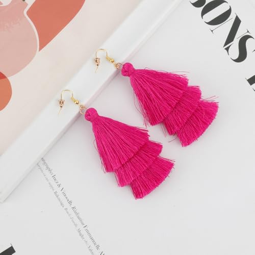 Earrings for Women Dangling, Layered Tassel Earrings Fringe Earrings Bohemian Studs Drop Earrings - color: Hot Pink