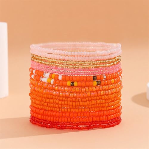 Boho Stackable Seed Beaded Bracelets for Women 18-20Pcs Colorful Handmade Multilayered Rice Bead Bracelet Set Summer Beach Bohemian Jewelry Gift - color: B-Orange(larger)