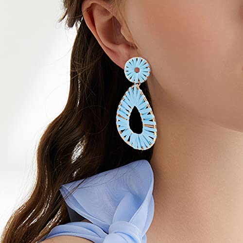 Raffia Teardrop Dangle Earrings Handmad Statement Drop Earrings - color: Light Blue