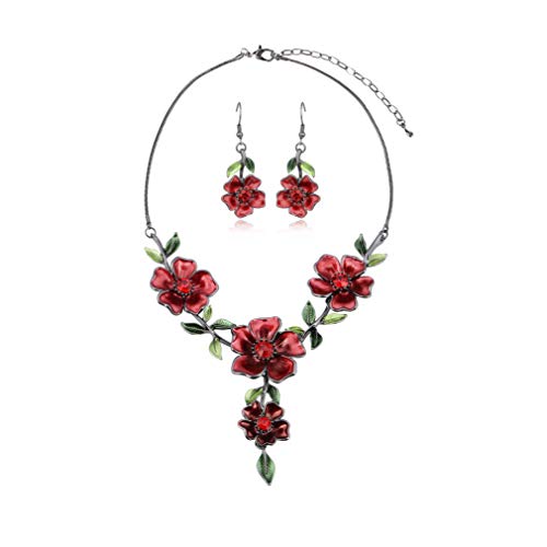 AMYJANE Vintage Statement Jewelry Set - Spring Leaf Flower Floral Plant Necklace Earring Set Crystal Rhinestone Fashion Costume Jewelry for Women Prom Party Unique Gift - style: Red Flower Green Leaf