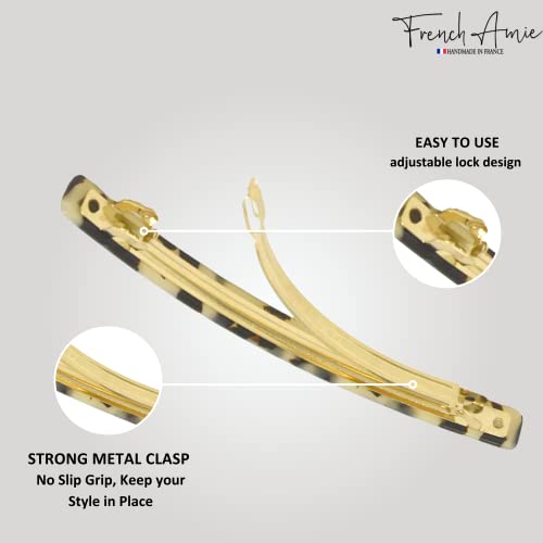 French Amie Long and Skinny Bar White Tokyo Large 4 1/4" Celluloid Acetate Handmade Automatic Hair Clip Barrette with No Slip Sturdy Silver Clasp for Women and Girls, Made in France (White Tokyo) - color: White Tokyo