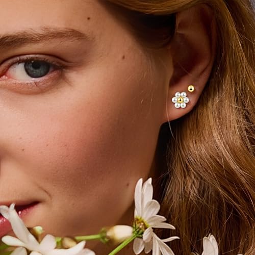 SmileBelle 2 Pairs Daisy Bow Gold Earrings Set for Women, Pearl Bow Earring for Women X Minimalist earrings Seashell Simple Dainty Earrings, Beach earring Gold Stud Earring for Women Trendy - style: Daisy earrings set