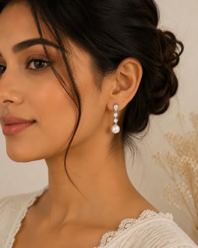 Pearl Earrings for Women, 14k Gold Plated Trendy Diamond Pearl Drop Earrings Hypoallergenic Dainty Bridal Gifts Wedding jewelry for Women - color: H - Gold