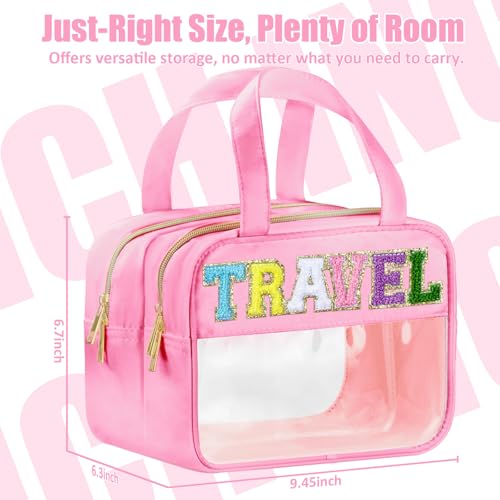 BuyCard Chenille Letter Clear Travel Bags, Makeup Bag for Travel, Preppy Patch Nylon Cosmetic Bag with Handles and Zipper, Waterproof Large Clear Travel Toiletry Bag Storage Bag for Women Pink - color: Pink-Travel