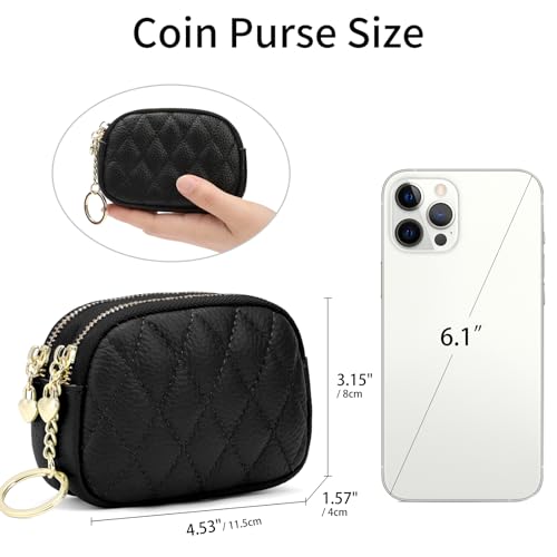 SENDEFN Women's Coin Purse Genuine Leather Wallet Small 2 Zippers Change Pouch Purse with Keychain Ring - color: 2-Black