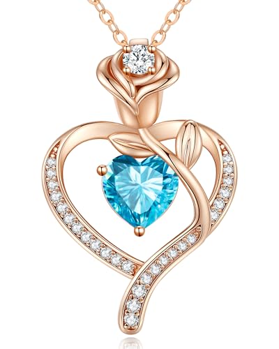 LOUISA SECRET Rose Flower Heart Birthstone Necklaces for Women, 925 Sterling Silver Jewelry, Pendant Heart Necklaces Birthday Anniversary Christmas Gift for Women Wife Mom Girlfriend Lady - color: Rose Gold-12-Dec