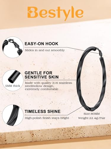 Bestyle 5mm Thick Gold Hoop Earrings Hypoallergenic Hoops for Sensitive Ears Trendy Lightweight Chunky Earrings for Women 30/40/60/80mm - color: 02-Black, size: 80mm