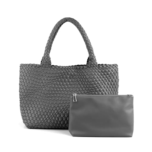 Woven Tote Bag Womens Purse Vegan Leather Shoulder Handbags Fashion Summer Beach Tote Bags Large Travel Totes - color: Gray