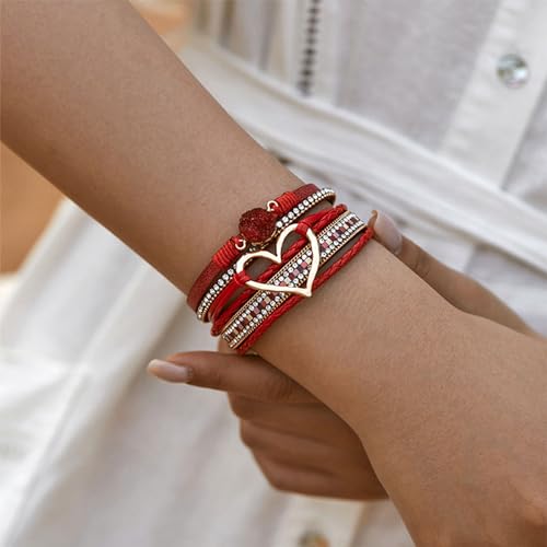 Long tiantian Boho Leather Wrap Bracelets Gifts Trendy Stuff Layered Bangles Bracelets for Women Modern Stackable Infinity Bracelets Bohemian Jewelry Gifts for Women Birthday Gifts - color: C4:Bangle Bracelets(red)
