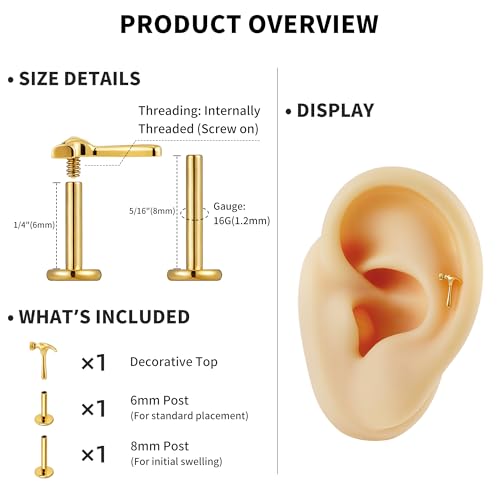 FINE4U 1PC ASTM F136 Titanium Internally Threaded Piercing Jewelry Stud 16G 6mm 8mm for Helix, Tragus, Conch, Flat - color: Hammer - Gold