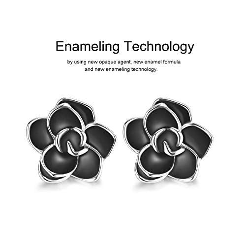 AllenCOCO Rose Flower Stud Earrings for Women Sensitive Ears, Hypoallergenic Cute Gold And Silver Rose Flower Earrings Studs for Women Nickel Free - color: Black flower/White gold, size: 0.55