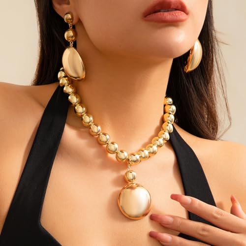 Gold Jewelry Set Chunky Gold Necklace Earring Set for Women Boho Oval Acrylic Earring Necklace Western Adjustable Choker Necklaces Bohemian Jewelry Set For Women - color: Gold Ball
