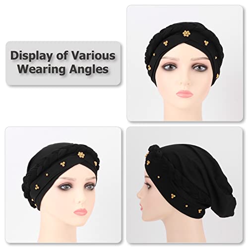 African Women Turban Caps Pre-Tied Twisted Turbans Head Scarf for Women Hair Wraps Cover Beanie Cancer Chemo Headwear - color: 1 Pack Twisted Braid A: Black With Gold Beads