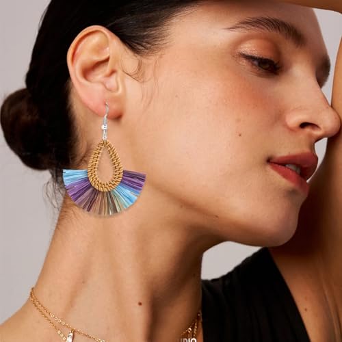 Boho Summer Beach Earrings for Women Lightweight Straw Wicker Earring Statement Raffia Fan Round Tassel Dangle Drop Earrings Hawaii Jewelry - style: Purple Teardrop