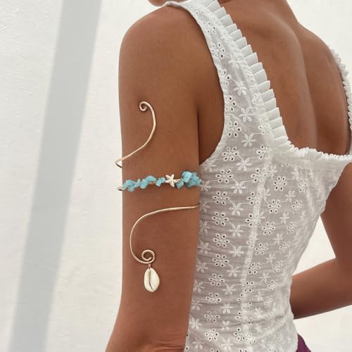 XAM Arm Cuff Upper Arm Bracelet for Women Adjustable Flower Sea Shell Leaf Feather Open Upper Arm Bangle Bracelet Boho Summer Holiday Jewelry - color: StyleB