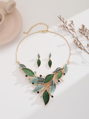 Vintage Chunky Statement Jewelry Set Retro Leaf Floral Geometric Bohemian Boho Bib Necklace Earring Set Fashion Costume Jewelry for Women Girls Wedding Party Prom Unique Gift - style: spring leaf-green gold