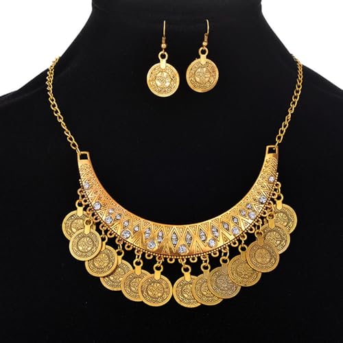 FUTIMELY Chunky Coin Necklace Earrings Set,Bohemia Plated Gold Coin Tassel Personalized Choker Earrings,Ethnic Gypsy Statement Jewelry Set for Women - color: Gold