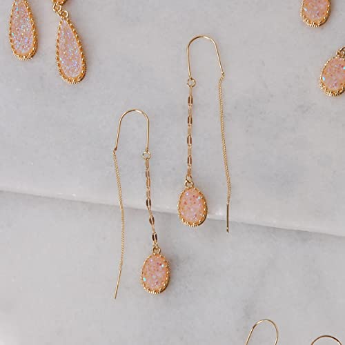 Simulated Druzy Threader Earrings for Women - Gold, Silver, or Rose Gold Tone Long Chain Earrings with Boho Created Geode Stone - color: Gold - Created Rose Quartz